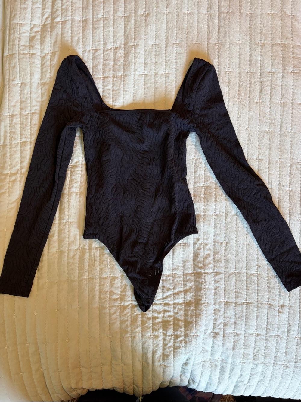 Babaton Black Long-Sleeve Textured Square-Neck Bodysuit